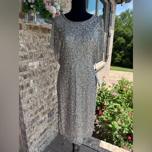 Adrianna Papell Silver Beaded Formal Cocktail Dress